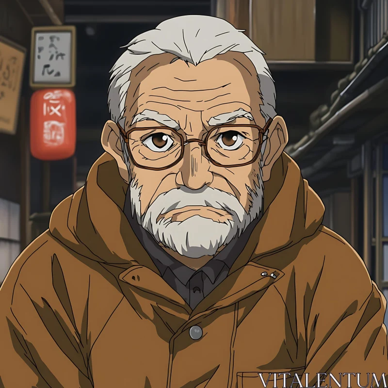 Thoughtful Elderly Man in Anime Style AI Image