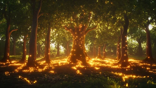 Mystical Forest Illuminated by Golden Sparks