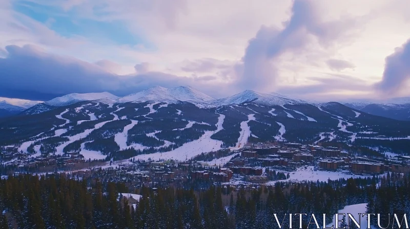 Winter Mountain Village Under Cloudy Sky AI Image