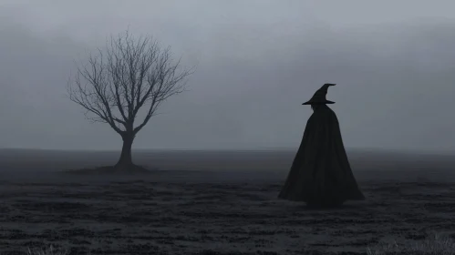 Mysterious Witch Silhouette in Fog