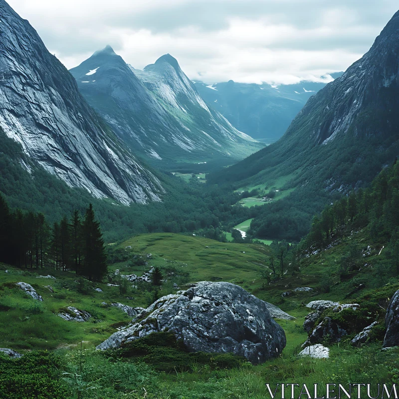 AI ART Lush Green Valley Between Mountains