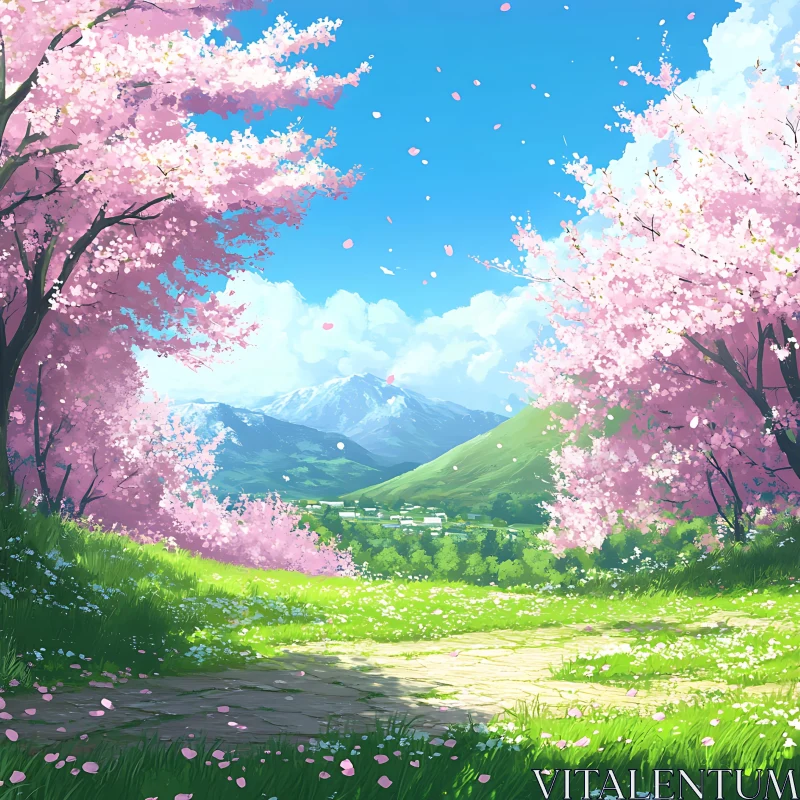 Tranquil Cherry Blossoms with Mountain View AI Image