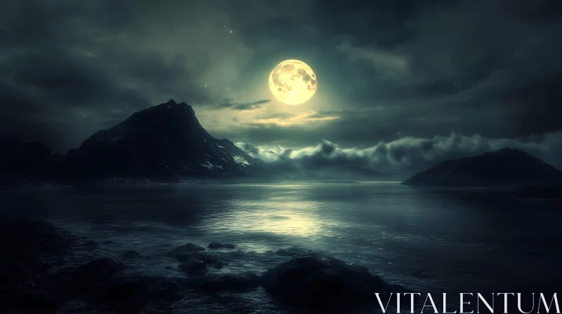 Serene Lunar Reflection on Mountain Lake AI Image