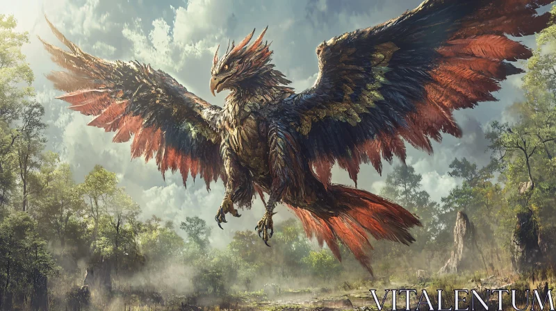 Mythical Phoenix in Forest Landscape AI Image