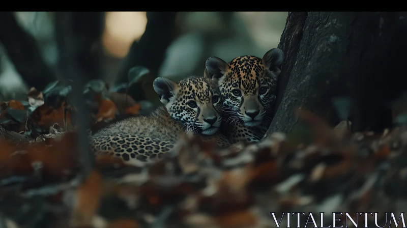 Jaguar Cubs Portrait in Autumn Leaves AI Image