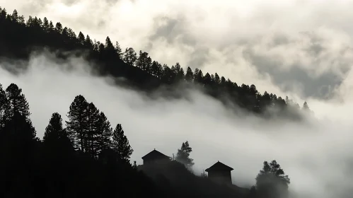 Foggy Mountain with Trees and Buildings