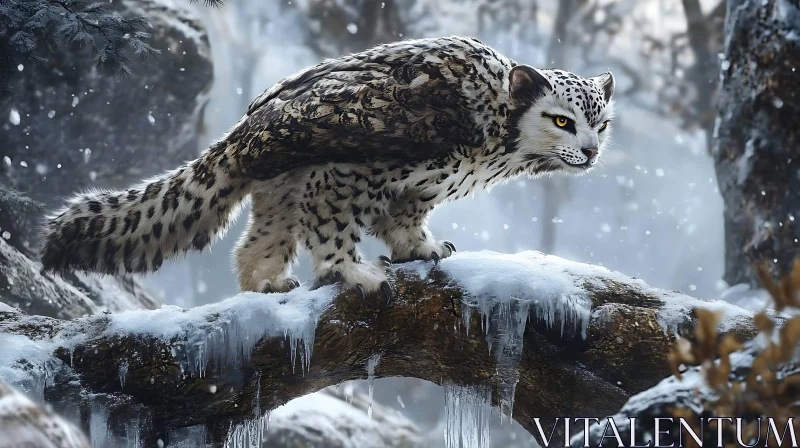 AI ART Snowy Owl-Leopard Hybrid on Snowy Branch