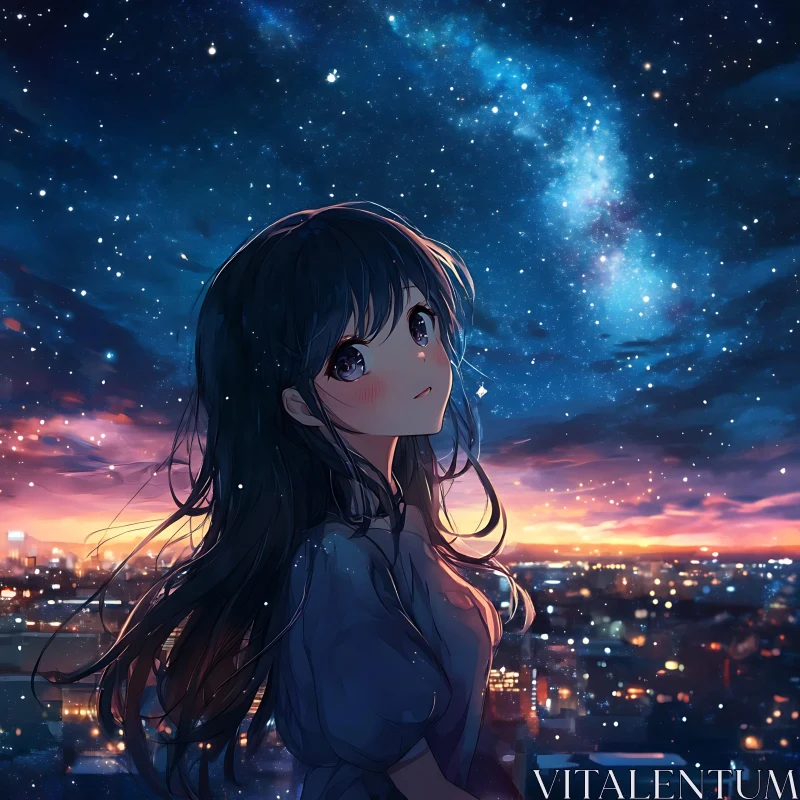 Starry Night with Anime Character Over City AI Image