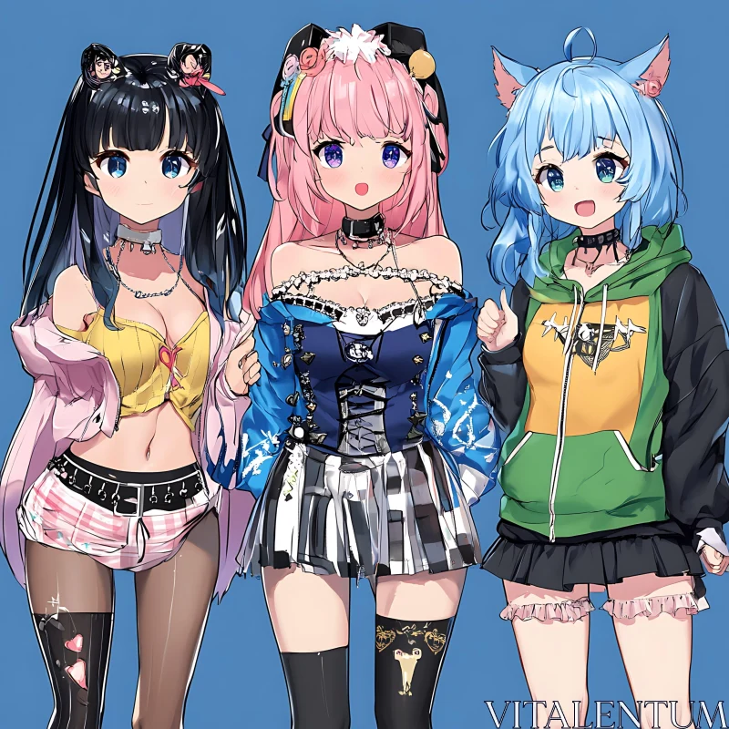 Colorful Anime Trio with Unique Outfits AI Image