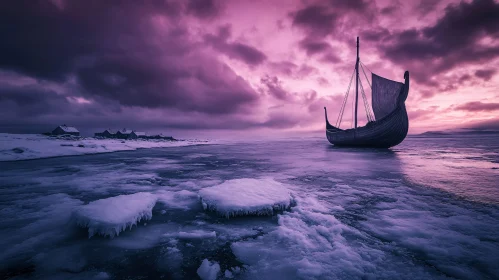 Frozen Viking Longship Under Purple Sky