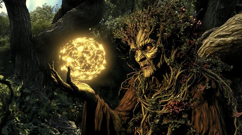 Mystical Tree Spirit Holding Glowing Sphere