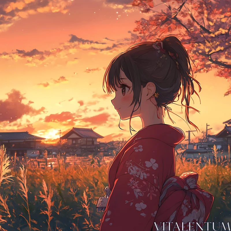 Golden Hour with Kimono-Clad Girl AI Image