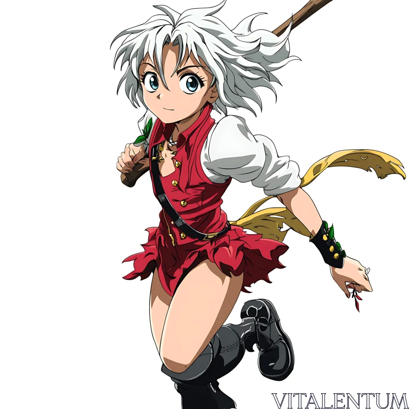 Energetic Manga Character with White Hair and Red Costume AI Image