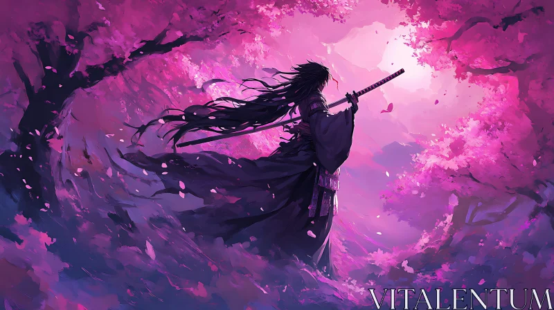 Serene Samurai with Katana in Cherry Blossom Forest AI Image