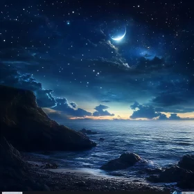 Tranquil Ocean View Under Crescent Moon