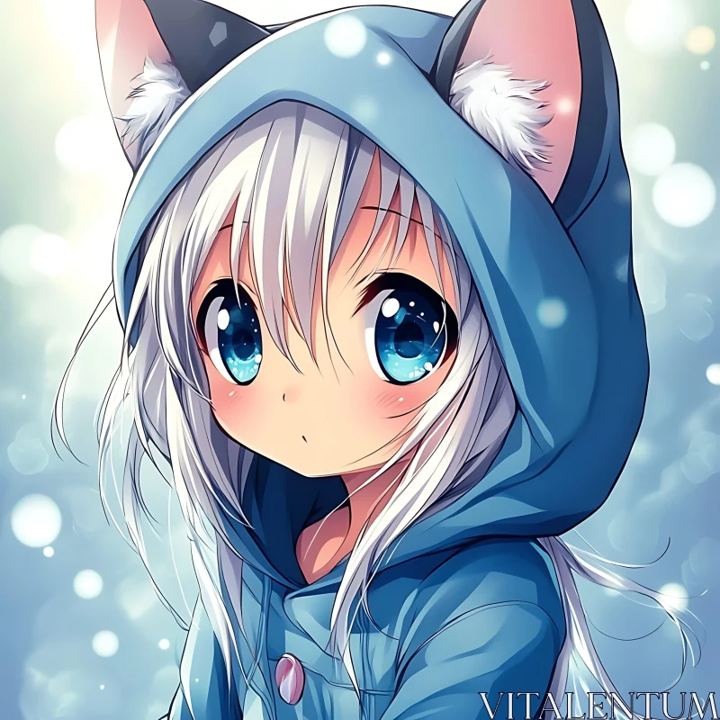 Charming Anime Girl in Blue Hoodie AI Image