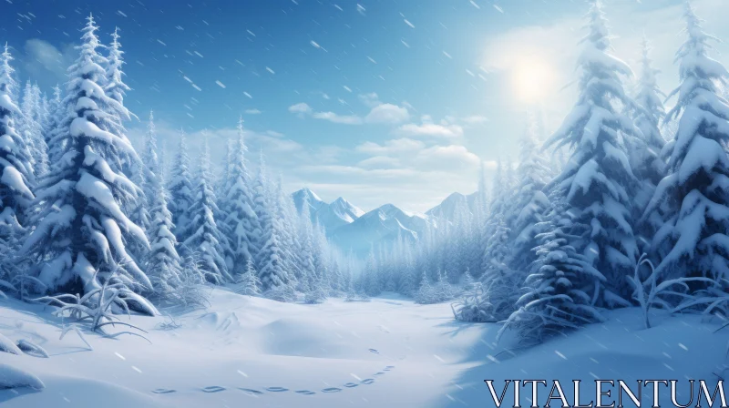 Snowy Forest and Mountain Landscape: A Realistic Rendering AI Image