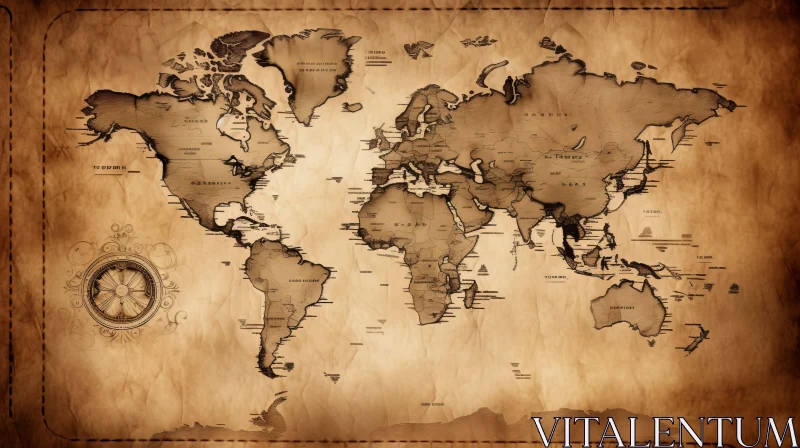 AI ART Vintage World Map on Brown Parchment - An Echo of Past Voyages