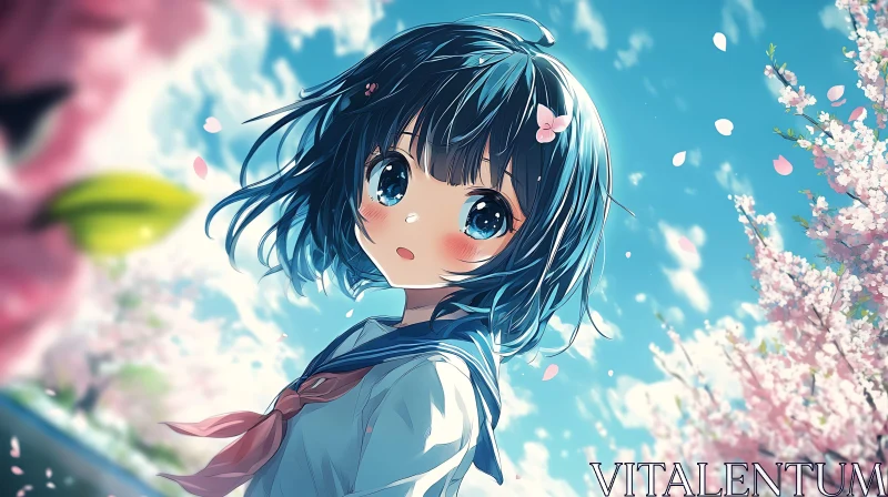 Anime Girl Amid Spring Cherry Blossoms AI Image