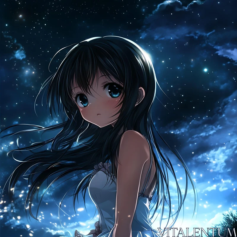 Beautiful Anime Girl Under Night Sky AI Image