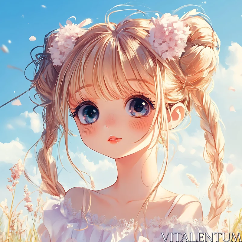 Charming Anime Character with Flower Adorned Hair AI Image