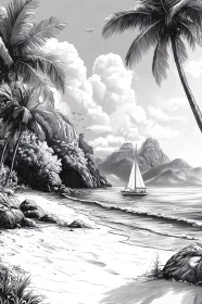 Monochrome Beach and Sailing Illustration