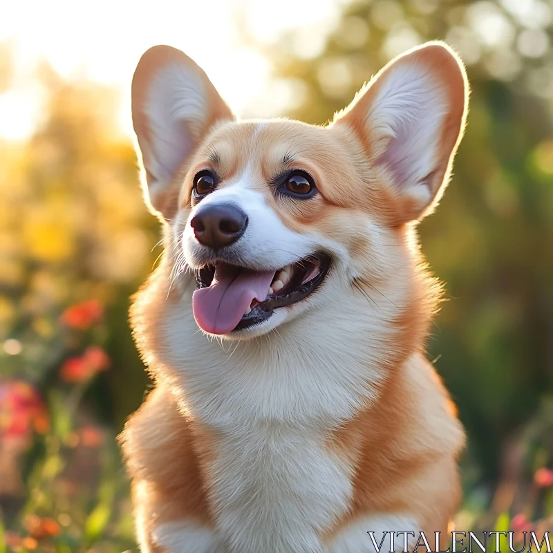 Happy Corgi in Floral Sunlight AI Image