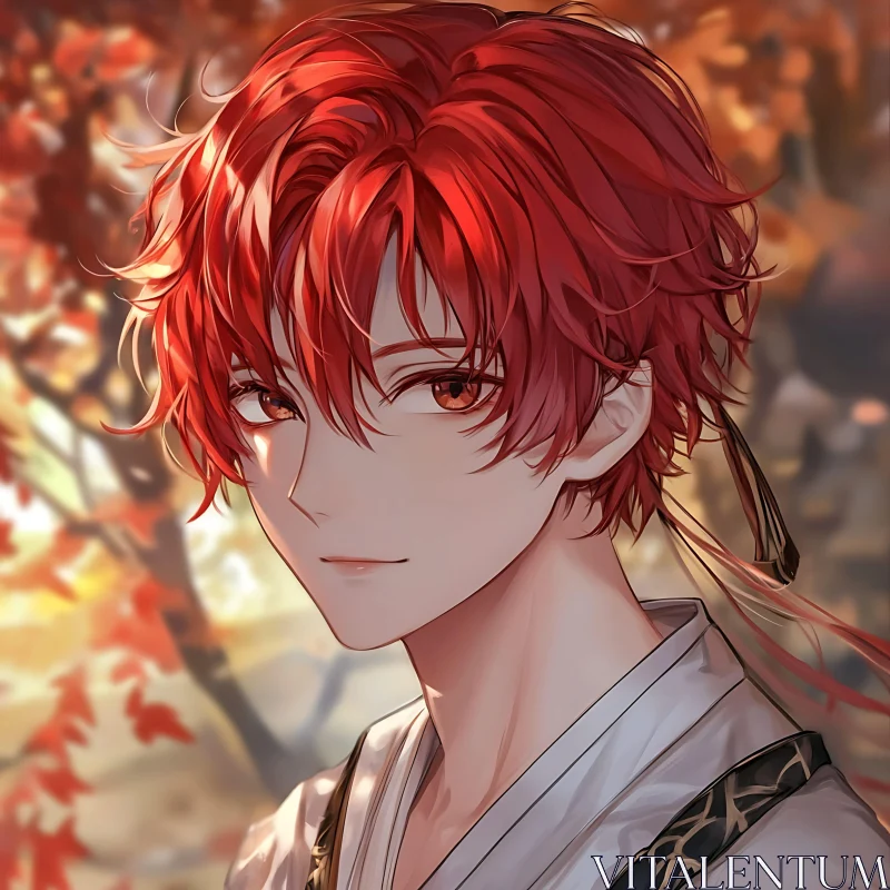 Red-Haired Anime Character in Autumn Setting AI Image