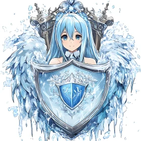 Icy Blue-Haired Anime Character with Shield and Wings