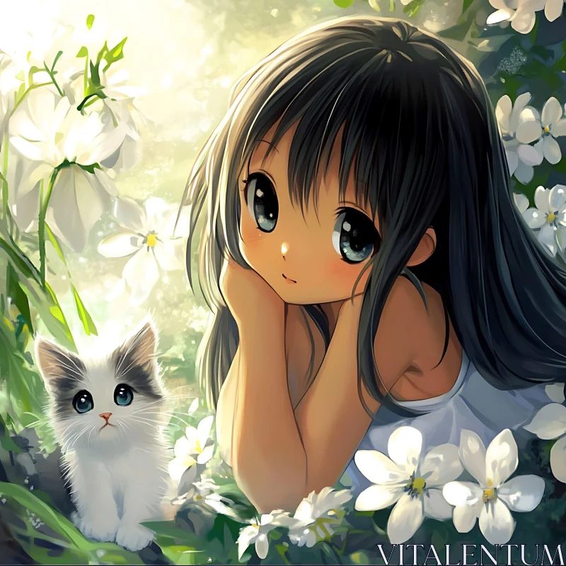 Sweet Anime Girl with Kitten Amidst White Blossoms AI Image