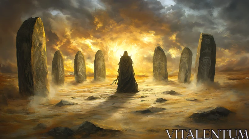 Cloaked Figure at the Stone Circle AI Image