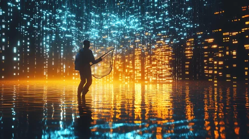Man with Net in Glowing City Reflection