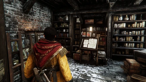 Old Library With Books and Man