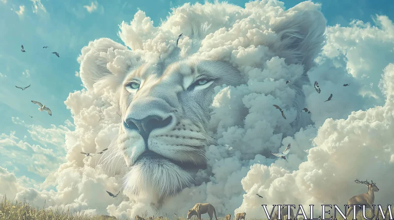 AI ART Cloud Lion Above Grazing Deer