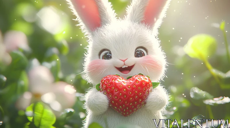 Whimsical Bunny Holding a Strawberry Heart AI Image