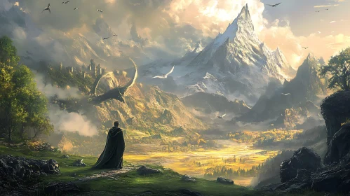 Enchanting Landscape with Dragon and Mountains