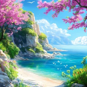 Coastal Scene with Turquoise Sea and Flowers