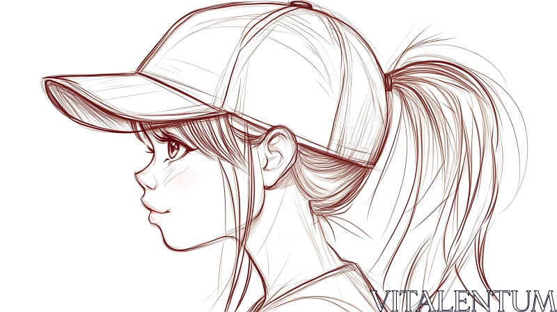 Profile Drawing of Anime Girl in Cap AI Image