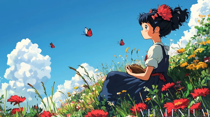 Peaceful Anime Meadow Scene with Butterflies AI Image