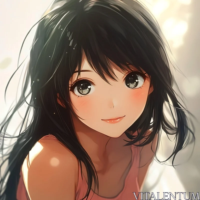 Anime Art: Captivating Girl with Dark Hair and Warm Smile AI Image