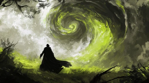 Cloaked Figure Confronts the Vortex