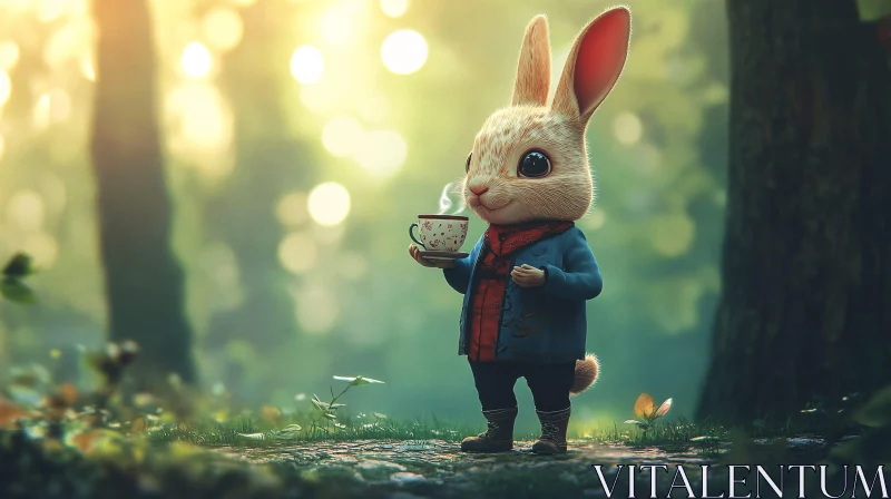 Whimsical Rabbit Enjoying Tea Outdoors AI Image