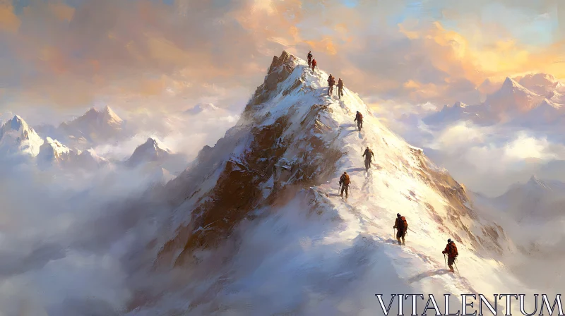 AI ART Climbers Ascending a Snowy Mountain Peak