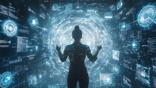 Woman controlling virtual reality with digital interface