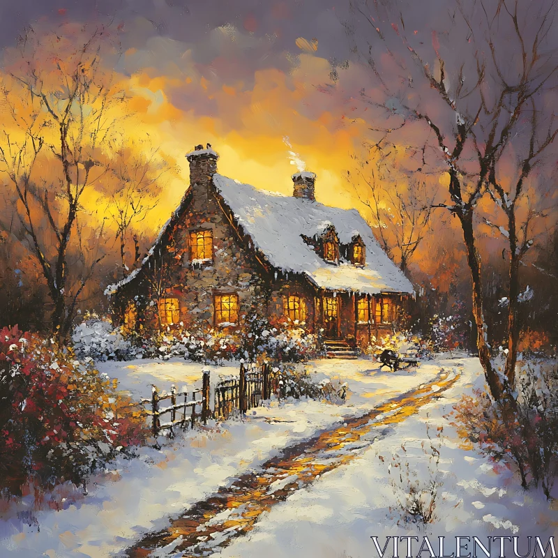AI ART Snowy Cottage Painting with Warm Light