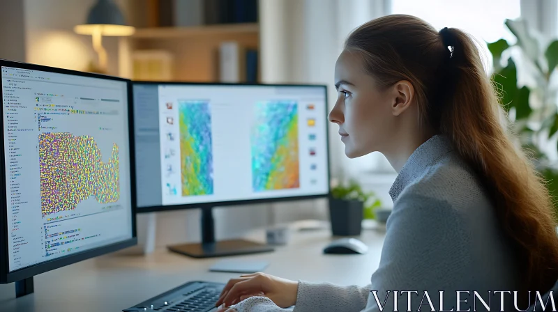 AI ART Woman Analyzing Data on Computer Screens