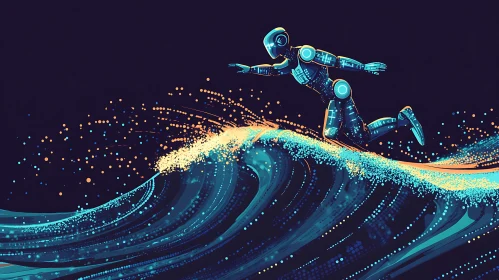 Futuristic Robot Surfing Wave