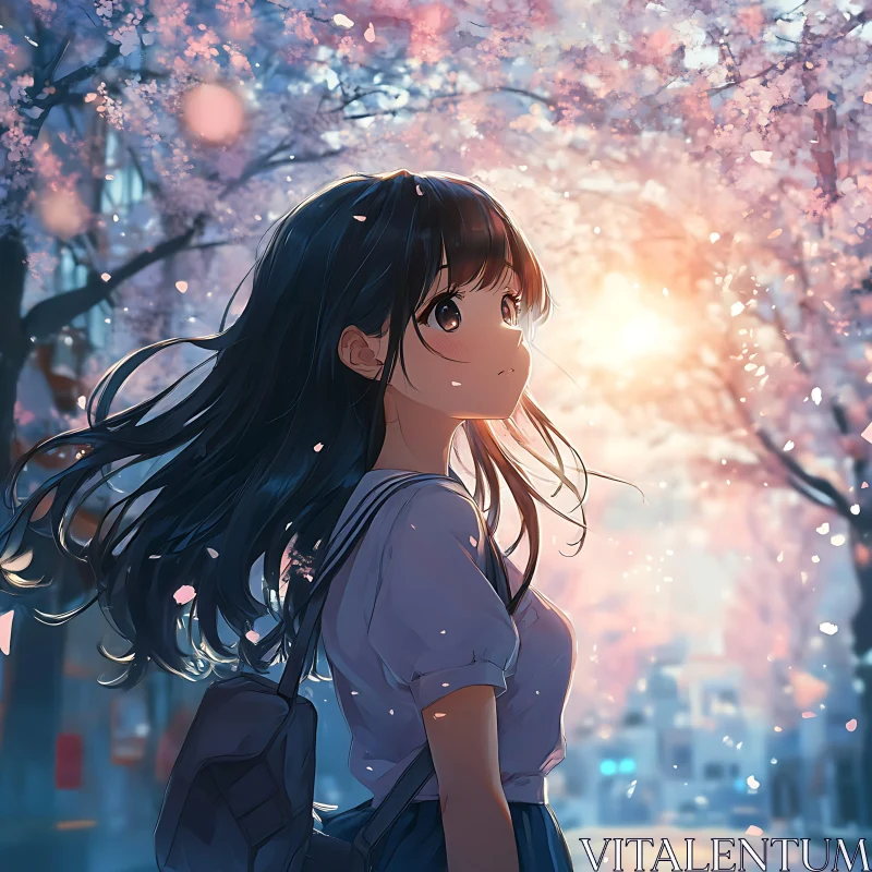 Sakura Girl in Spring Sunset AI Image