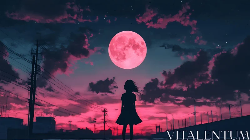 Girl Silhouette Beneath a Pink Moonlit Sky AI Image