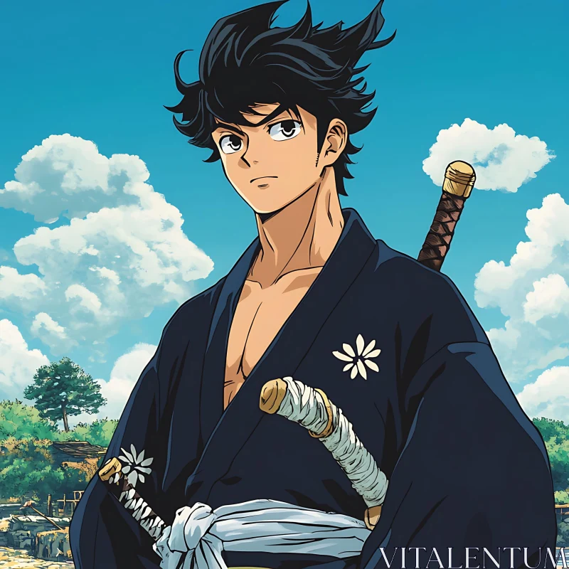 AI ART Anime Samurai with Swords and Blue Sky